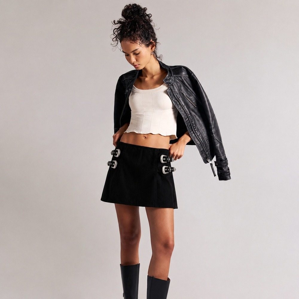 Vestique Western Buckle Mini Skirt Women L Black Denim Y2K Edgy Rocker Festival